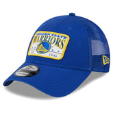 Royal Golden State Warriors Plate Oversized Patch Trucker 9FORTY Adjustable Hat sale | NBA