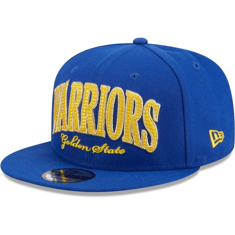 Royal Golden State Warriors Golden Tall Text 9FIFTY Snapback Hat sale | NBA