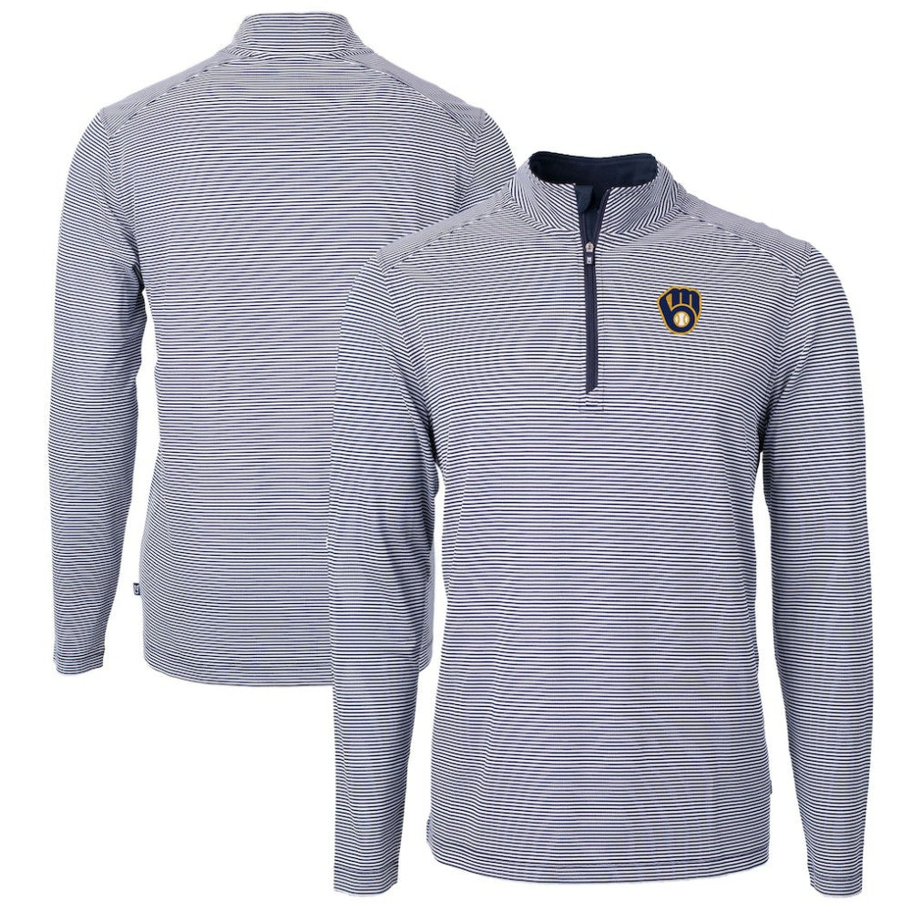 Milwaukee Brewers Cutter & Buck Virtue Eco Pique Micro Stripe Big & Tall Recycled Quarter-Zip Pullover Top - MLB Pullover