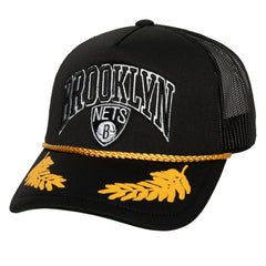 Black Brooklyn Nets Hardwood Classics Gold Leaf Mesh Trucker Snapback Hat | NBA
