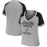 New Orleans Saints WEAR by Erin Andrews Women's Cropped Raglan Throwback V-Neck T-Shirt | NFL Sale