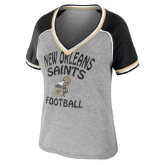 New Orleans Saints WEAR by Erin Andrews Women's Cropped Raglan Throwback V-Neck T-Shirt | NFL Sale