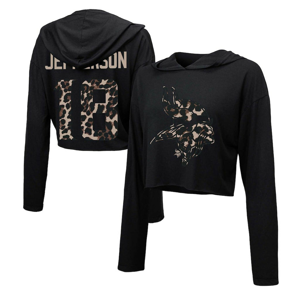 Minnesota Vikings Justin Jefferson Majestic Threads Women's Leopard Player Name & Number Long Sleeve Cropped Hoodie | NFL Online