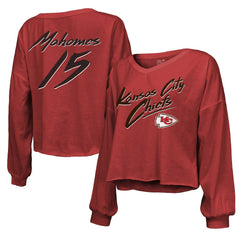Kansas City Chiefs Patrick Mahomes Majestic Threads Women's Name & Number Off-Shoulder Script Cropped Long Sleeve Relaxed V-Neck T-Shirt | NFL Discount