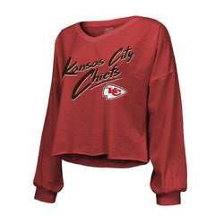 Kansas City Chiefs Patrick Mahomes Majestic Threads Women's Name & Number Off-Shoulder Script Cropped Long Sleeve Relaxed V-Neck T-Shirt | NFL Discount