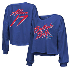 Buffalo Bills Josh Allen Majestic Threads Women's Name & Number Off-Shoulder Script Cropped Long Sleeve Relaxed V-Neck T-Shirt | NFL Outlet
