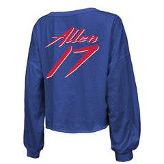 Buffalo Bills Josh Allen Majestic Threads Women's Name & Number Off-Shoulder Script Cropped Long Sleeve Relaxed V-Neck T-Shirt | NFL Outlet