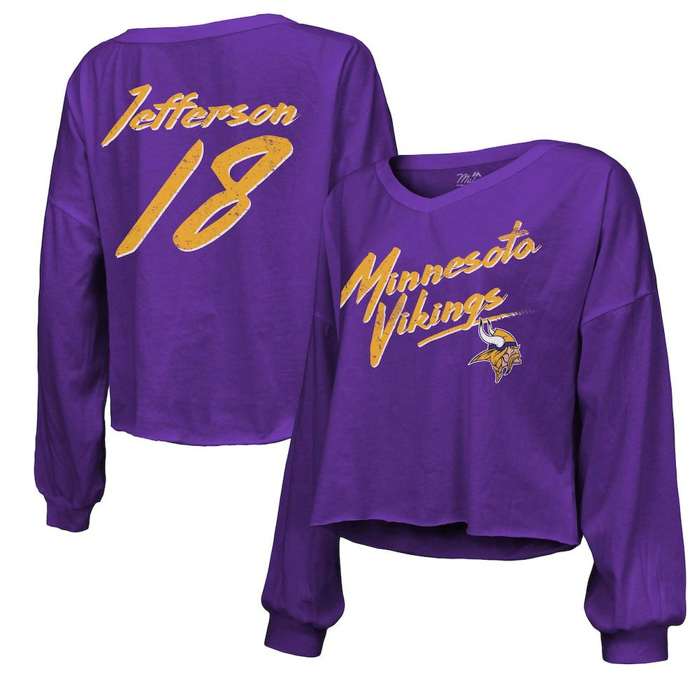 Minnesota Vikings Justin Jefferson Majestic Threads Women's Name & Number Off-Shoulder Script Cropped Long Sleeve V-Neck T-Shirt | NFL Hot