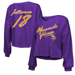 Minnesota Vikings Justin Jefferson Majestic Threads Women's Name & Number Off-Shoulder Script Cropped Long Sleeve V-Neck T-Shirt | NFL Hot