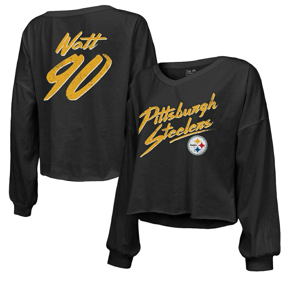 Pittsburgh Steelers T.J. Watt Majestic Threads Women's Name & Number Off-Shoulder Script Cropped Long Sleeve Relaxed V-Neck T-Shirt | NFL Hot