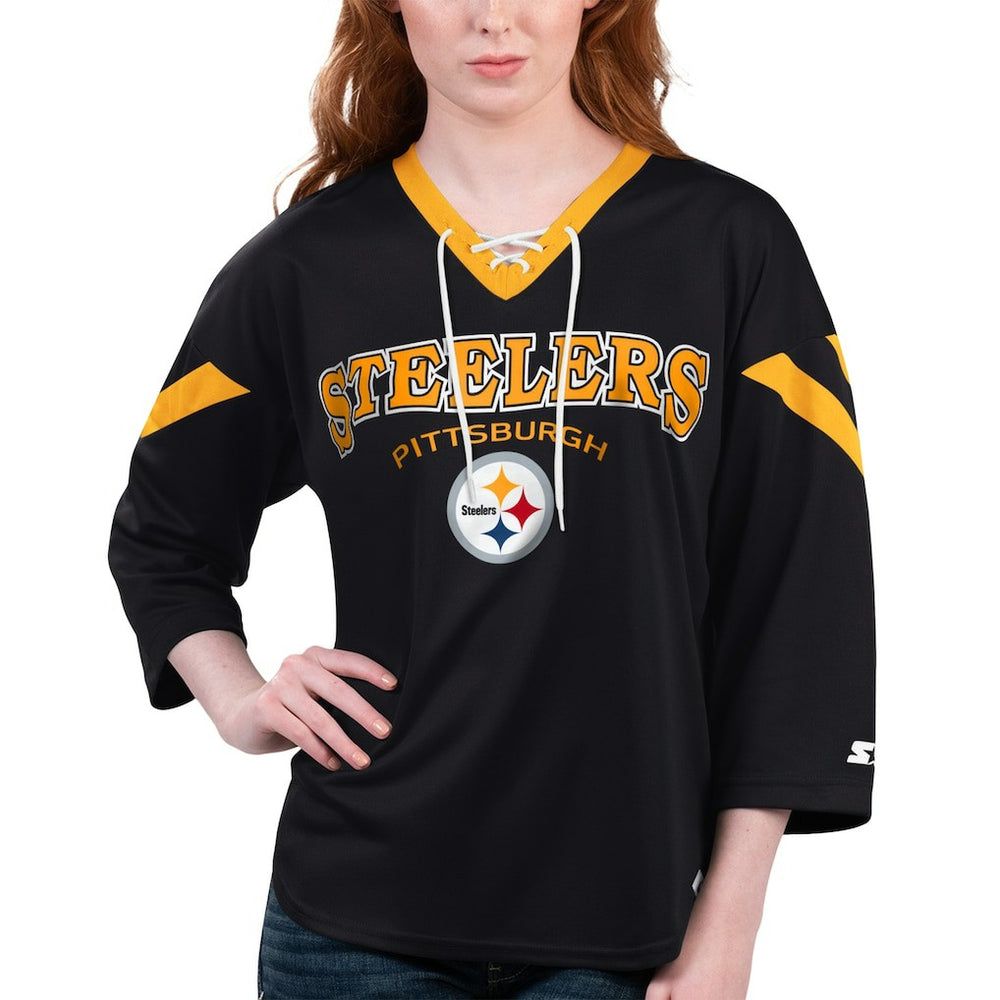 Pittsburgh Steelers Starter Women's Rally Lace-Up 3/4 Sleeve T-Shirt | NFL Online