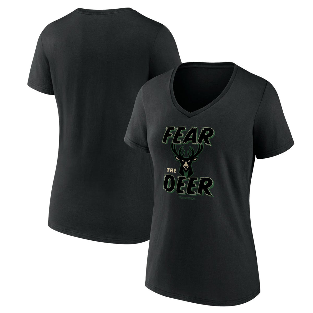 Black Milwaukee Bucks Women's Hometown Collection Fear The Deer V-Neck T-Shirt | NBA