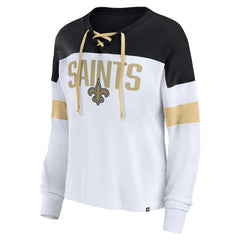 New Orleans Saints Women's Plus Size Even Match Lace-Up Long Sleeve V-Neck Top | NFL Discount