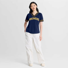 Milwaukee Brewers Fanatics Women's Diva Race Ahead Raglan V-Neck T-Shirt - MLB T-shirts