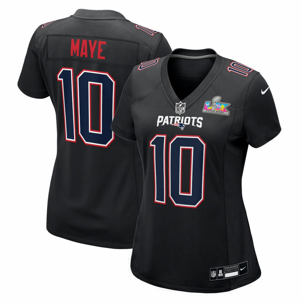 New England Patriots Drake Maye Women's Super Bowl LX Patch Carbon Fashion Game Jersey | NFL Discount