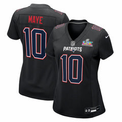 New England Patriots Drake Maye Women's Super Bowl LX Patch Carbon Fashion Game Jersey | NFL Discount