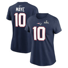 New England Patriots Drake Maye Women's Super Bowl LX Patch Name & Number T-Shirt | NFL Outlet