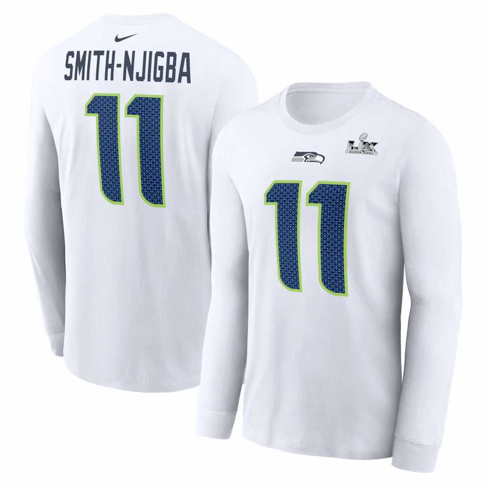 Seattle Seahawks Jaxon Smith-Njigba Super Bowl LX Champions Patch Name & Number Long Sleeve T-Shirt | NFL Outlet