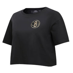 Black Brooklyn Nets Pro Standard Women's Holiday Glam Boxy T-Shirt | NBA