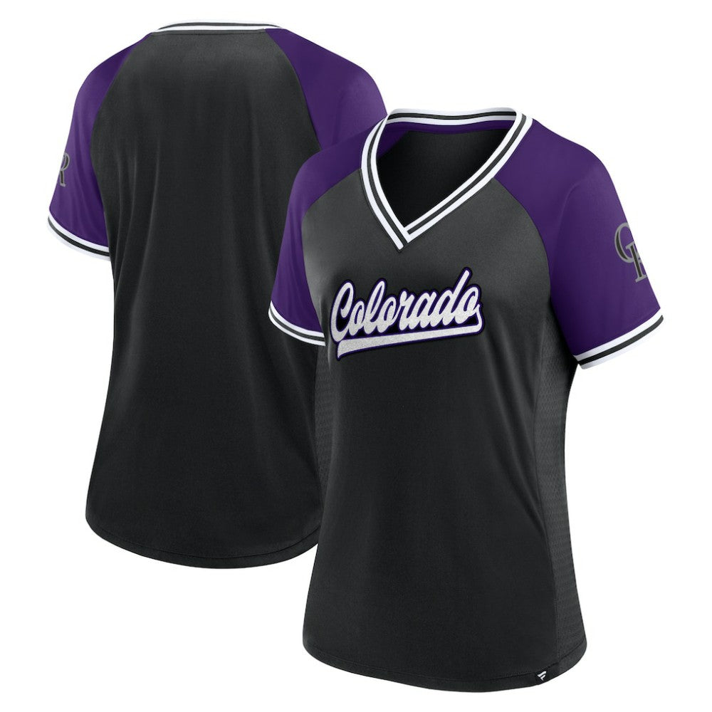 Colorado Rockies Fanatics Women's Glitz & Glam League Diva Raglan V-Neck T-Shirt - MLB T-shirts