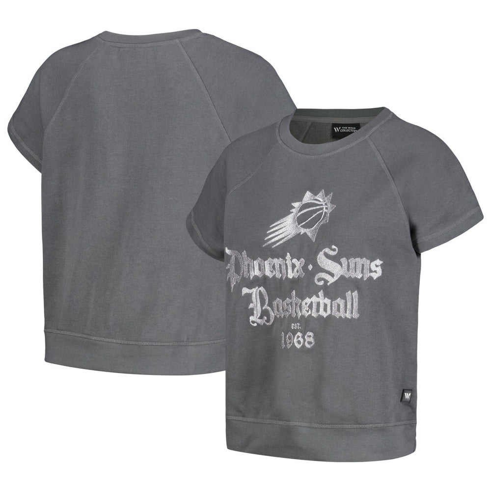 Gray Phoenix Suns The Wild Collective Women's Embroidered Fleece Raglan Short Sleeve Pullover Sweatshirt | NBA