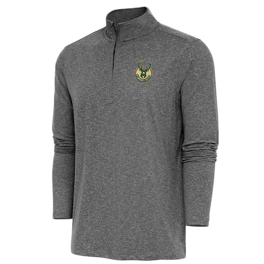 Heather Black Milwaukee Bucks Antigua Hunk Quarter-Zip Pullover Top | NBA