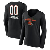 Cincinnati Bengals Women's Personalized Name & Number Team Wordmark Long Sleeve V-Neck T-Shirt | NFL Outlet