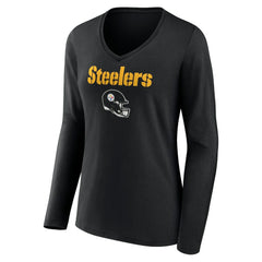 Pittsburgh Steelers Women's Personalized Name & Number Team Wordmark Long Sleeve V-Neck T-Shirt | NFL Sale