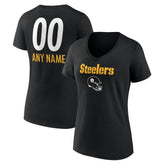 Pittsburgh Steelers Women's Personalized Name & Number Team Wordmark V-Neck T-Shirt | NFL Discount