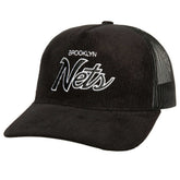 Black Brooklyn Nets Times Up Classic Script Cord Trucker Hat | NBA