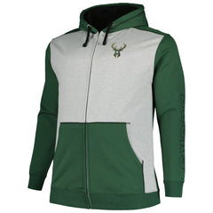 Hunter Green/Heather Gray Milwaukee Bucks Big & Tall Contrast Pieced Stitched Full-Zip Hoodie | NBA