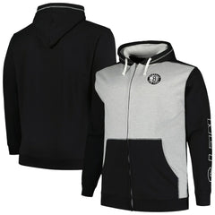 Black/Heather Gray Brooklyn Nets Big & Tall Contrast Pieced Stitched Full-Zip Hoodie | NBA