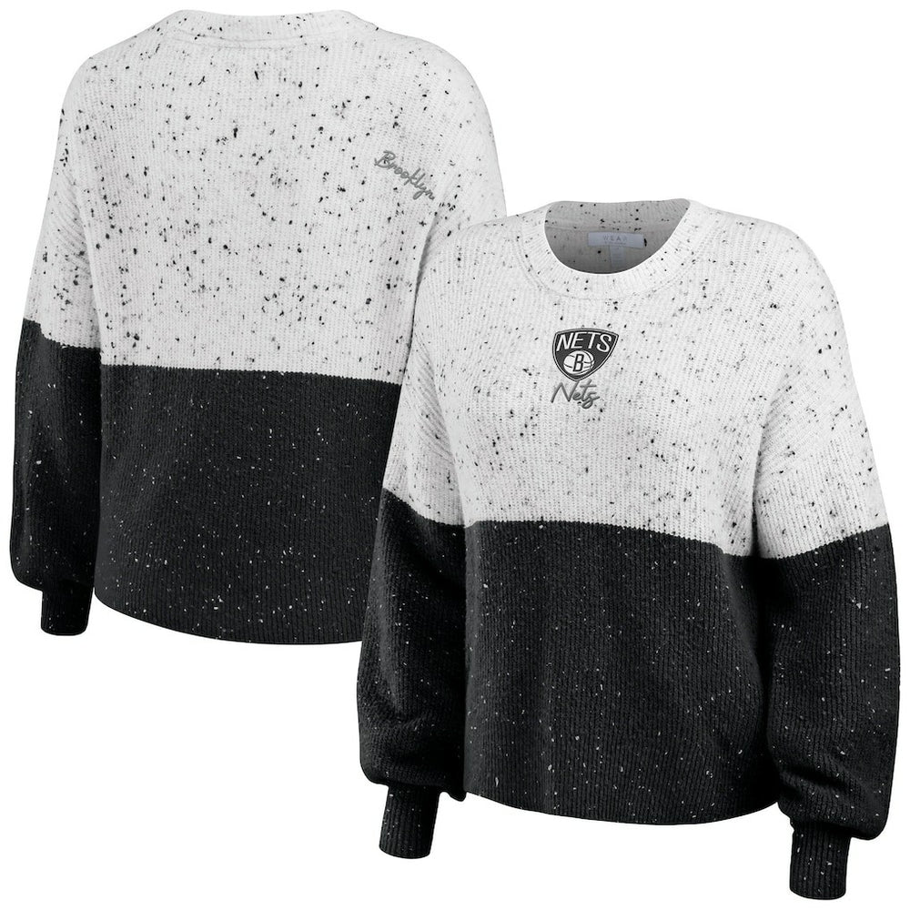 White/Black Brooklyn Nets WEAR by Erin Andrews Women's Color-Block Pullover Sweater | NBA
