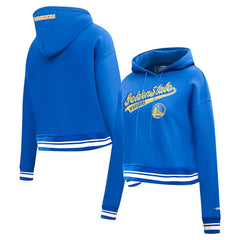 Royal Golden State Warriors Pro Standard Women's Script Tail Cropped Pullover Hoodie sale | NBA