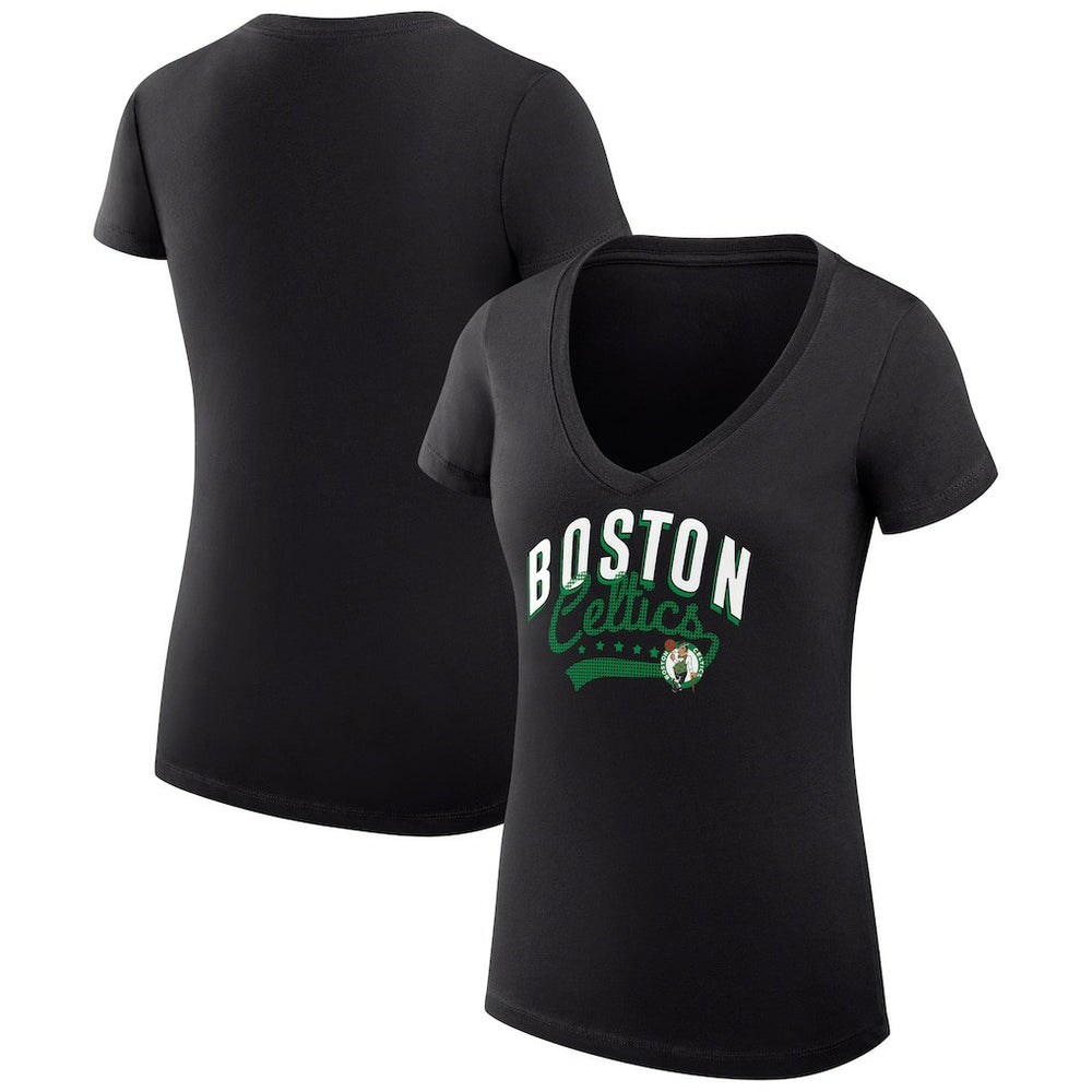 Black Boston Celtics G-III 4Her by Carl Banks Women's Super-Slim Fit Lightweight Filigree Logo V-Neck T-Shirt | NBA