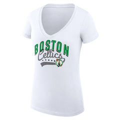 White Boston Celtics G-III 4Her by Carl Banks Women's Super-Slim Fit Lightweight Filigree Logo V-Neck T-Shirt | NBA