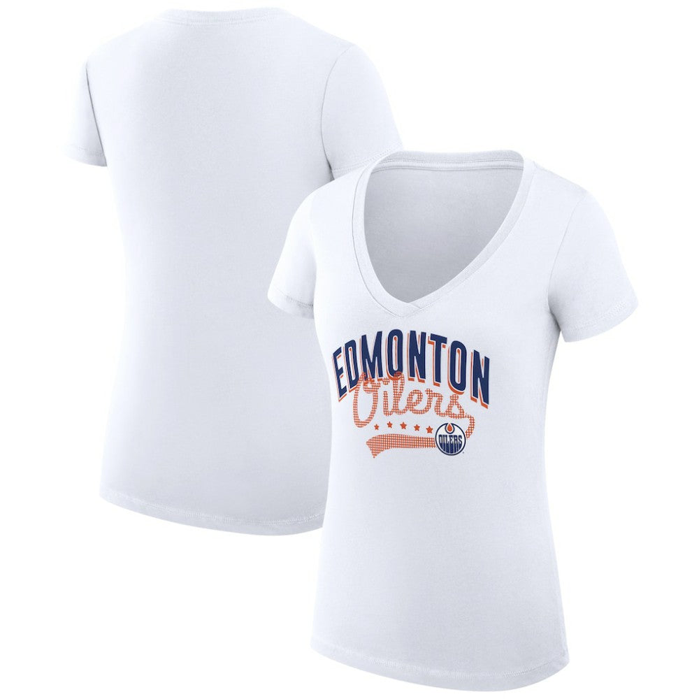Edmonton Oilers G-III 4Her by Carl Banks Women's Super-Slim Fit Lightweight Filigree Logo V-Neck T-Shirt – White - NHL T-shirts