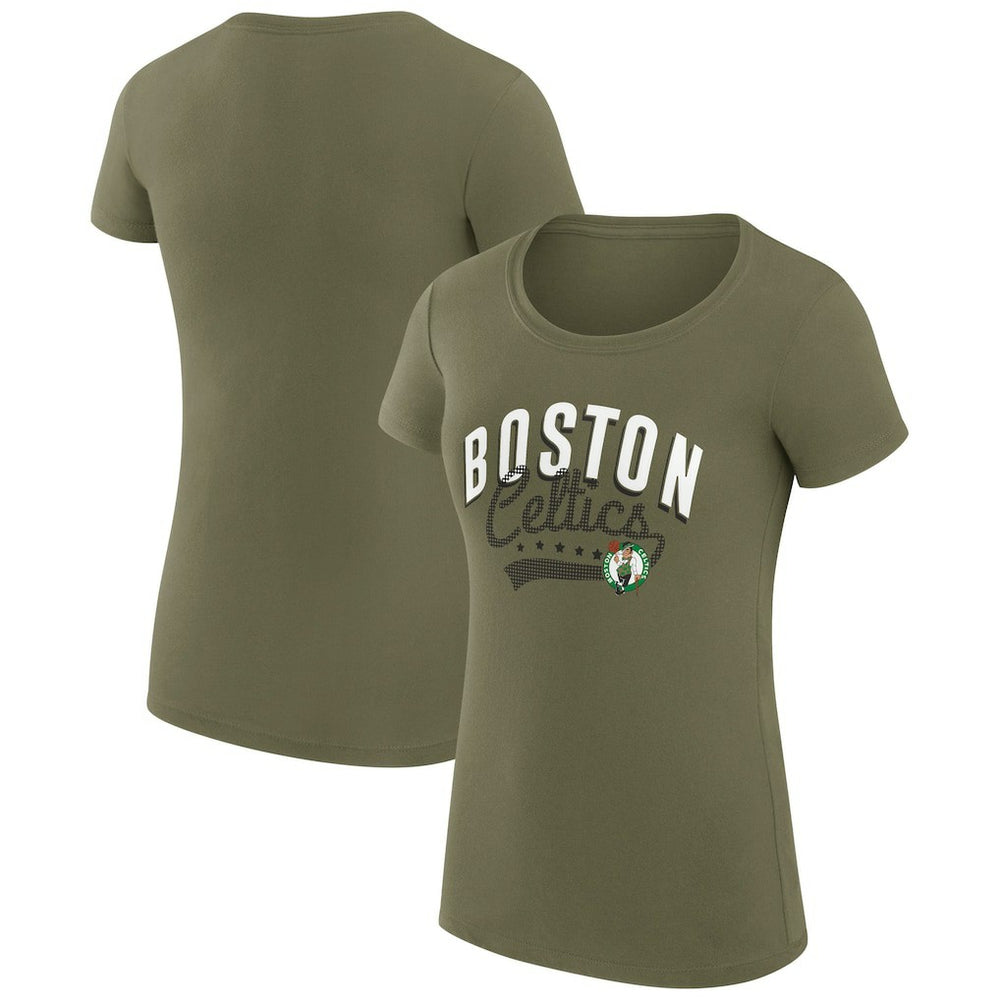 Boston Celtics G-III 4Her by Carl Banks Women's Super-Slim Fit Lightweight Filigree Logo T-Shirt - Olive outlet | NBA