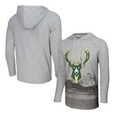 Heather Gray Milwaukee Bucks Stadium Essentials Atrium Raglan Long Sleeve Hoodie T-Shirt | NBA