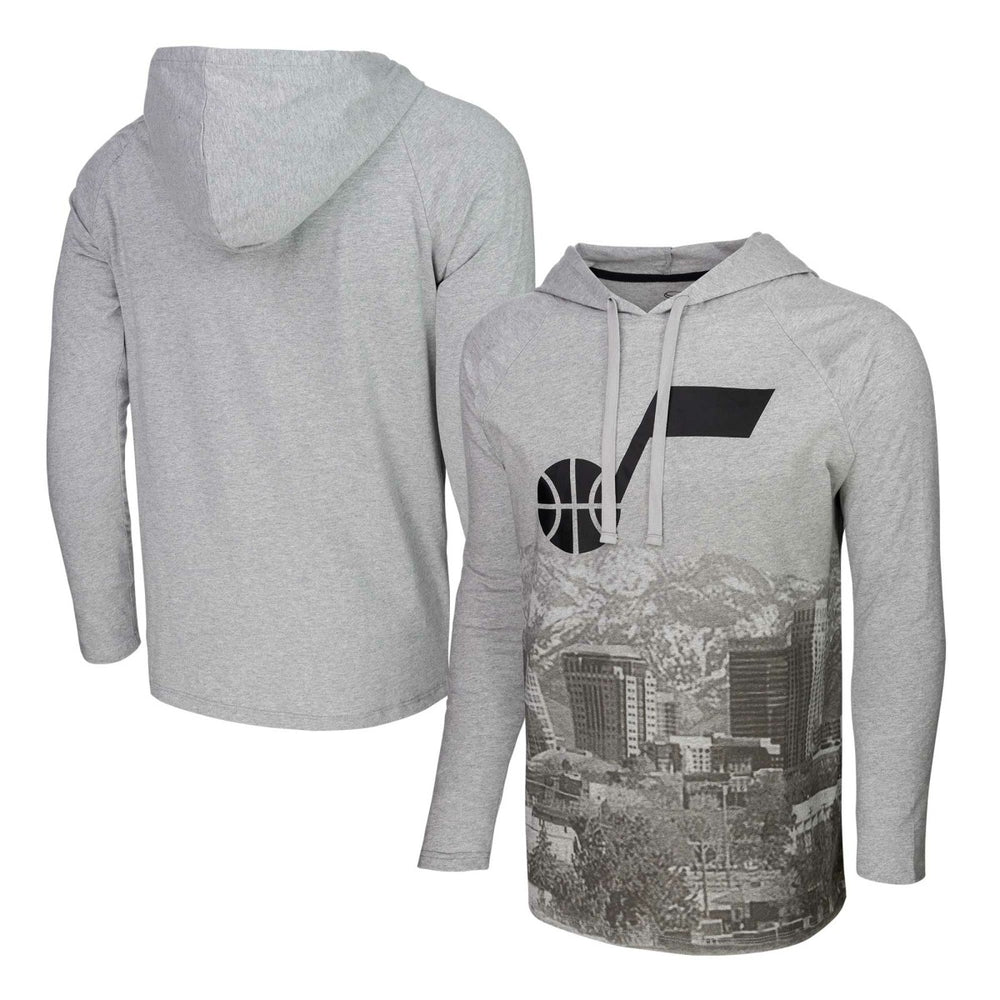 Heather Gray Utah Jazz Stadium Essentials Atrium Raglan Long Sleeve Hoodie T-Shirt | NBA