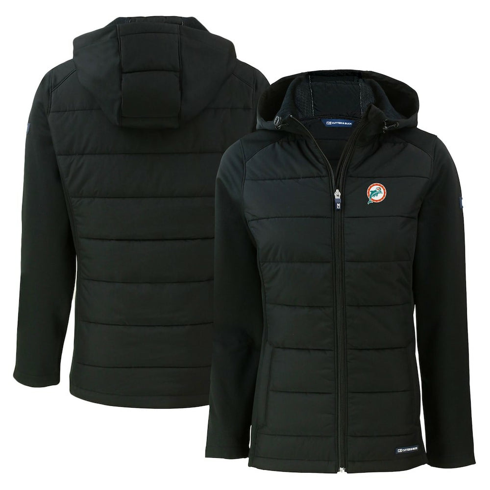 Miami Dolphins Cutter & Buck Women's Throwback Evoke Hybrid Eco Softshell Recycled Full-Zip Hoodie Jacket | NFL New