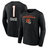 Cincinnati Bengals Ja'Marr Chase Team Wordmark Player Name & Number Long Sleeve T-Shirt | NFL Discount