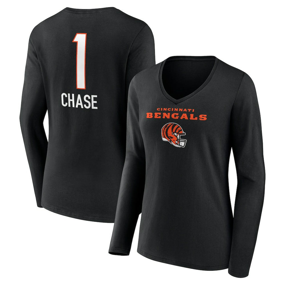 Cincinnati Bengals Ja'Marr Chase Women's Team Wordmark Player Name & Number Long Sleeve V-Neck T-Shirt | NFL Hot