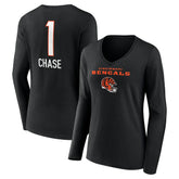 Cincinnati Bengals Ja'Marr Chase Women's Team Wordmark Player Name & Number Long Sleeve V-Neck T-Shirt | NFL Hot