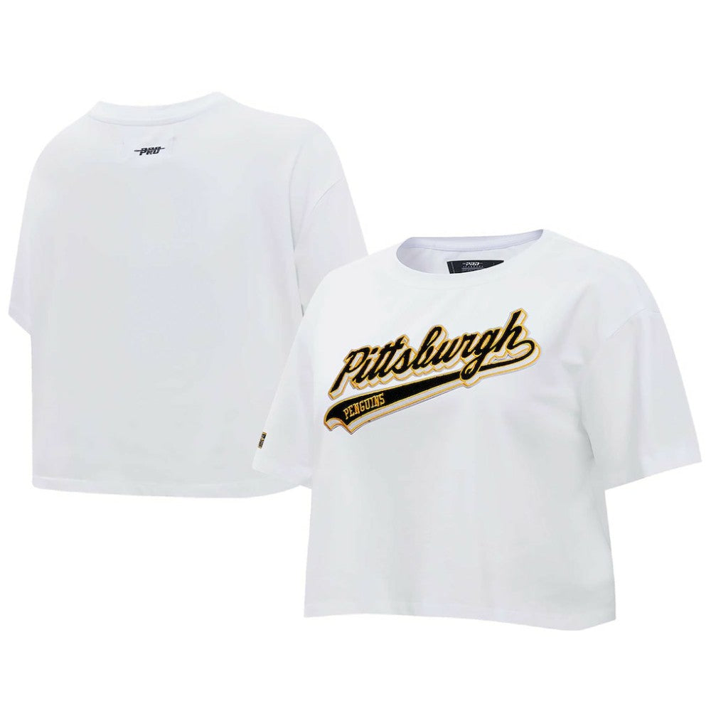 Pittsburgh Penguins Pro Standard Women's Boxy Script Tail Cropped T-Shirt - NHL T-shirts