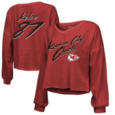 Kansas City Chiefs Travis Kelce Majestic Threads Women's Name & Number Off-Shoulder Script Cropped Long Sleeve V-Neck T-Shirt | NFL Online