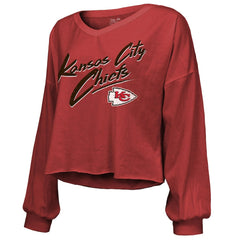 Kansas City Chiefs Travis Kelce Majestic Threads Women's Name & Number Off-Shoulder Script Cropped Long Sleeve V-Neck T-Shirt | NFL Online