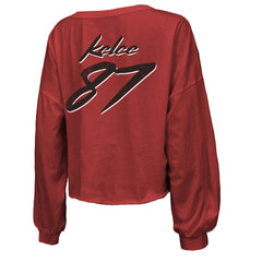 Kansas City Chiefs Travis Kelce Majestic Threads Women's Name & Number Off-Shoulder Script Cropped Long Sleeve V-Neck T-Shirt | NFL Online
