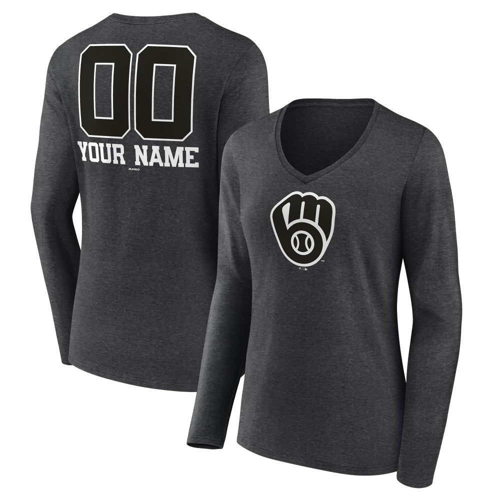 Milwaukee Brewers Women's Personalized Monochrome Name & Number Long Sleeve V-Neck T-Shirt - MLB T-shirts