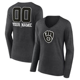 Milwaukee Brewers Women's Personalized Monochrome Name & Number Long Sleeve V-Neck T-Shirt - MLB T-shirts